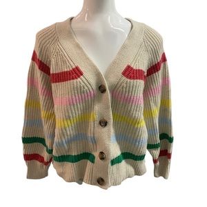 Beige button up chunky knit cardigan colorful stripes nautical preppy rainbow